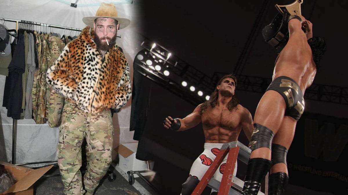Post Malone standing in camo trousers, alongside Shawn Michaels and Razor Ramon fighting on a ladder.