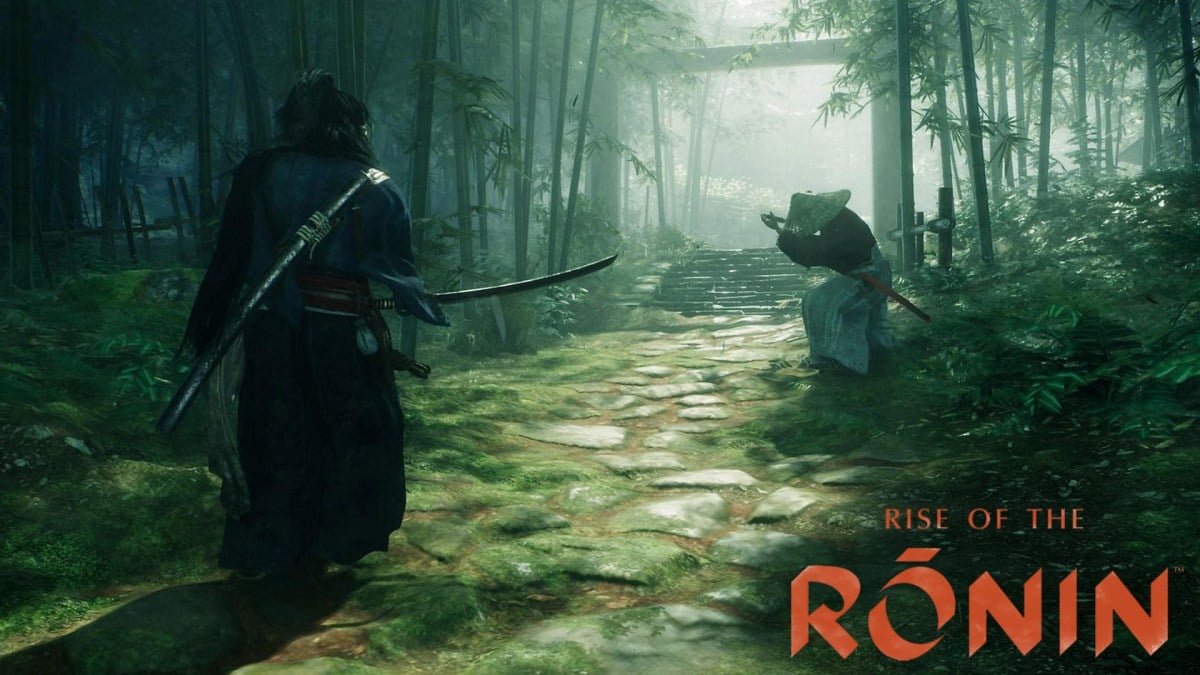 A Ronin walking along a grass-covered path, with a person kneeling in front of them.
