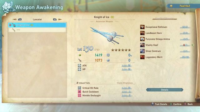 A screenshot of the Weapon Awakening menu highlighting Lancelot's Ascension weapon.