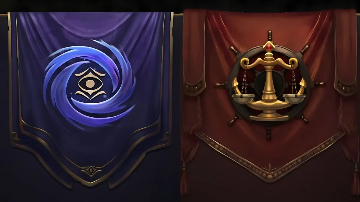 The Circle of Fortune and Merchant's Guild banners side by side.