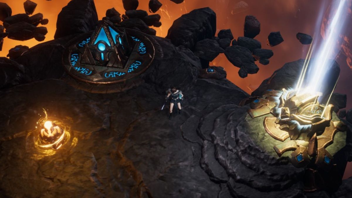 A screenshot of the player character in Last Epoch inside an Echo of a World in a Monolith of Fate.