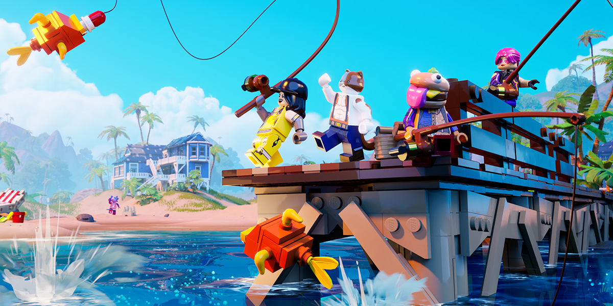 LEGO Fortnite characters enjoying some fishing on a pier.