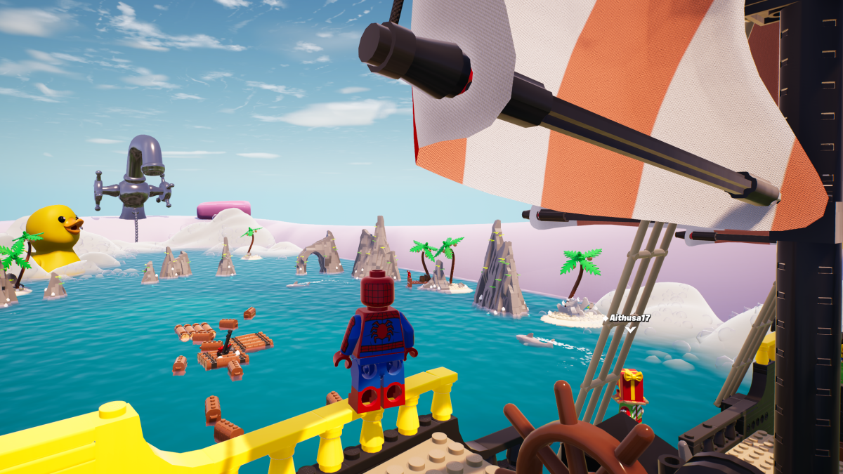 Spider-man in LEGO Fortnite looking at destroyed rafts from a pirate ship.