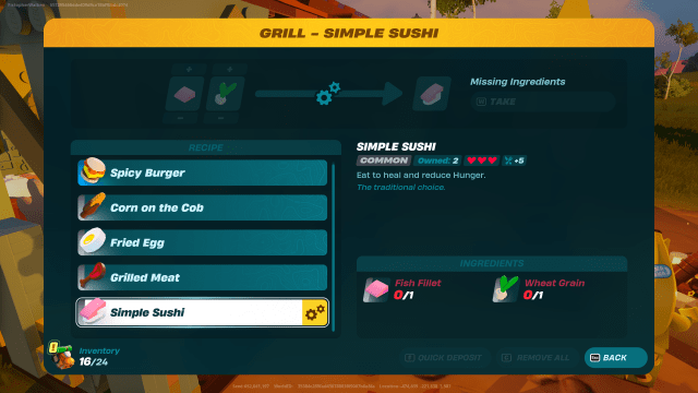 Sushi recipe at the Grill station in LEGO Fortnite.