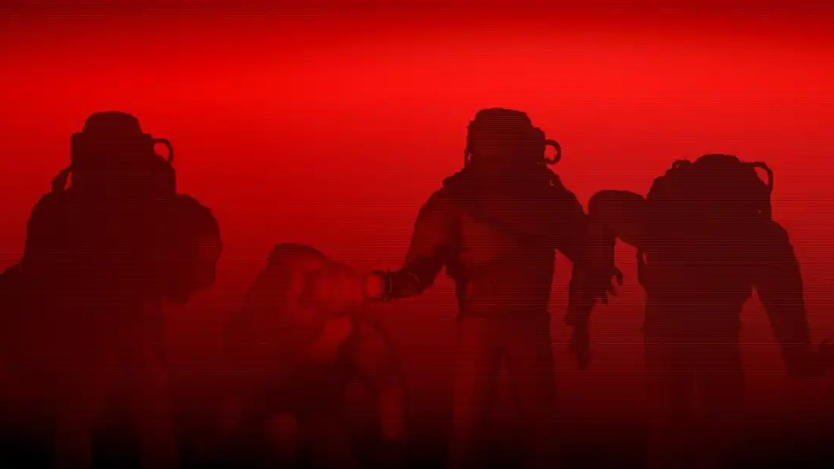 Lethal Company keyart with four silhouette astronauts in a red mist.