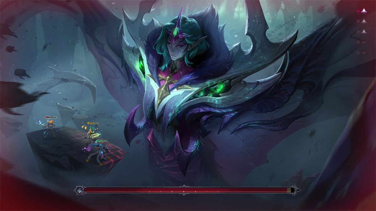 Bel'Veth's Battle Boss skin, with the champion looming over a team on a small rock in League of Legends.