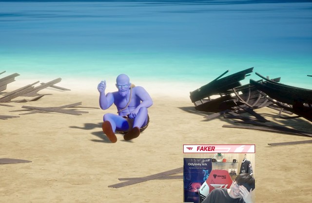 Ryze wakes up on a beach in Palworld as LoL superstar Faker laughs.