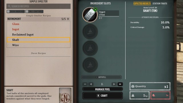 The crafting option for Shaft.
