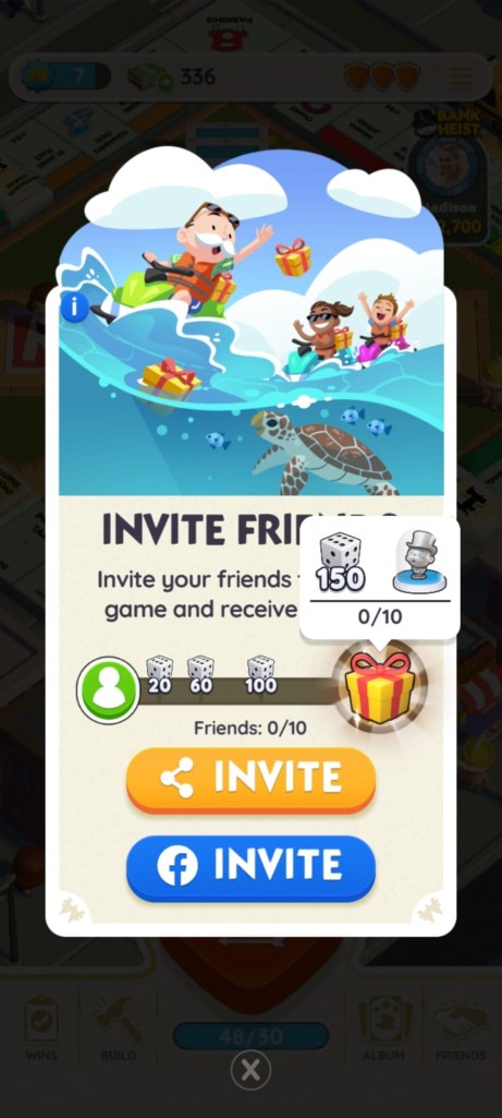 Monopoly Go invite link interface.