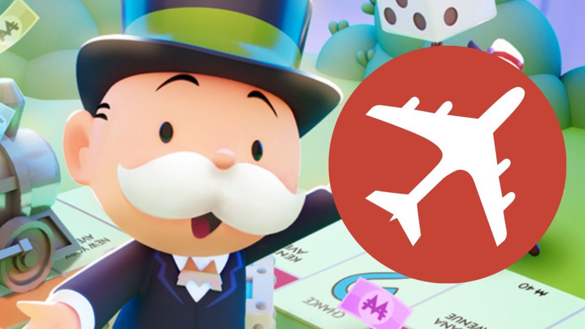An image of Monopoly man pointing to a white airplane icon on a red circle.