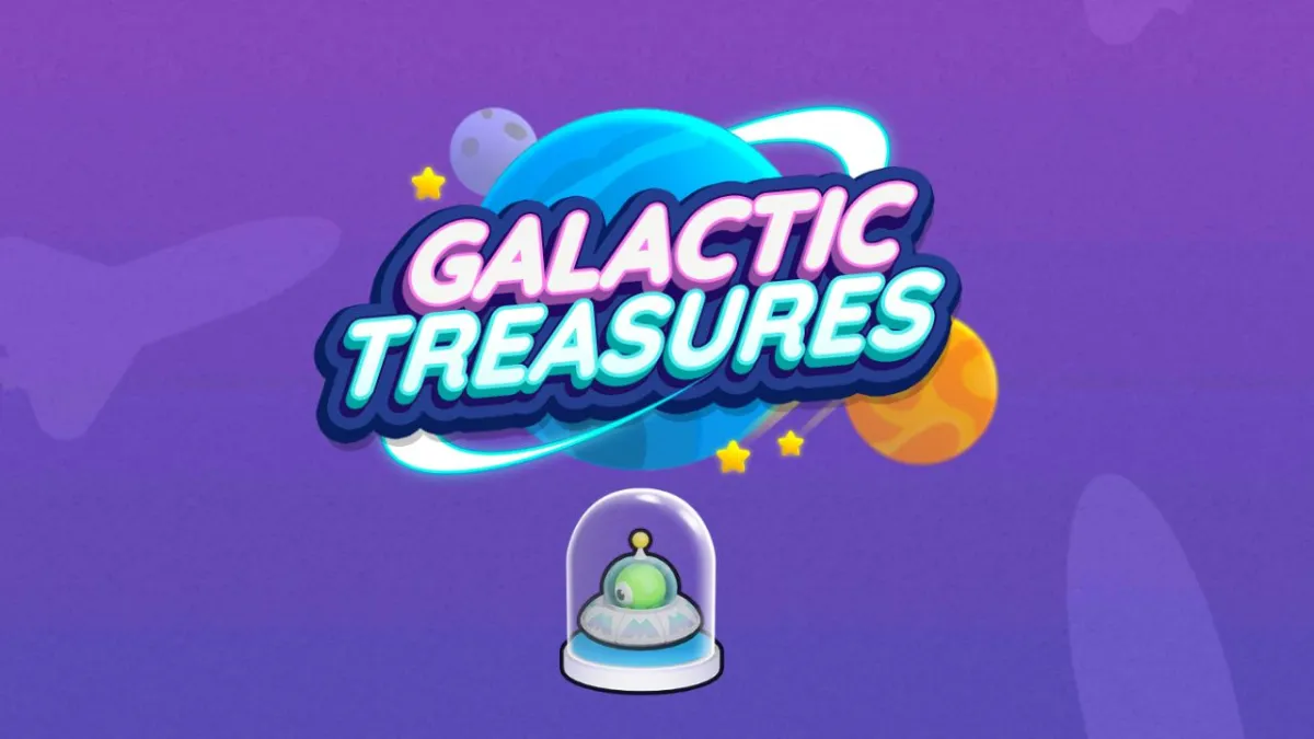 An image of the Galactic Treasures logo with the Ufo Token in Monopoly GO