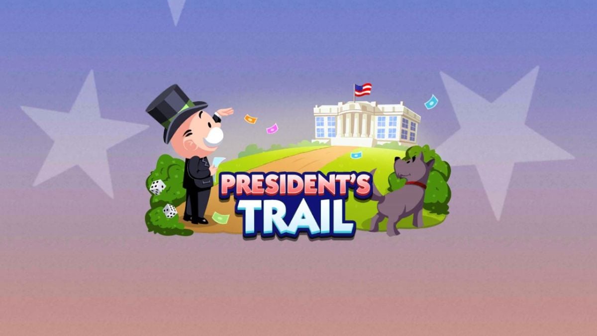 A screenshot of Monopoly GO's President's Trail event logo on a blue and red background with stars.