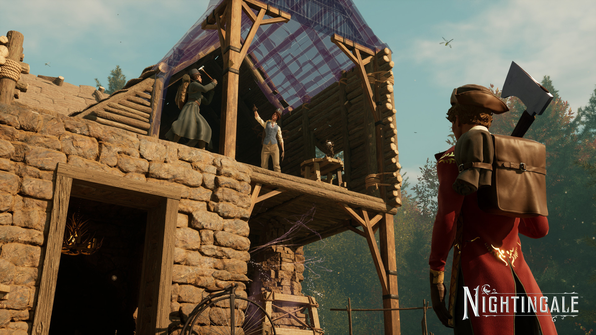 An in game image of a player looking at a building in Nightingale