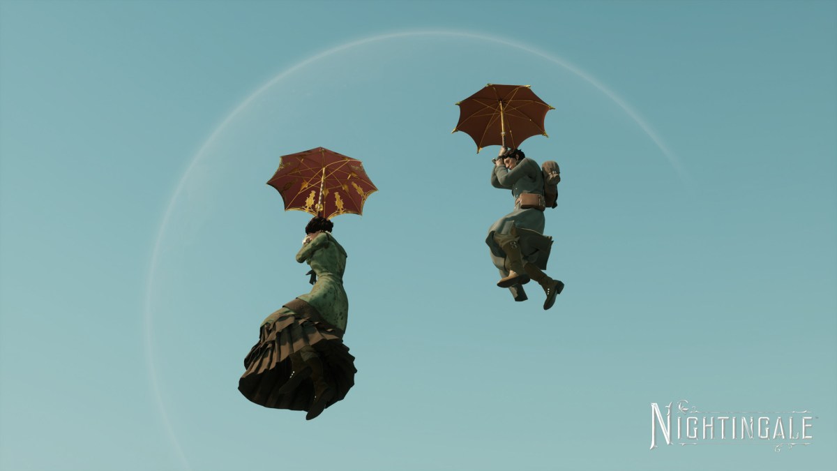 An image of two players gliding with umbrellas in Nightingale