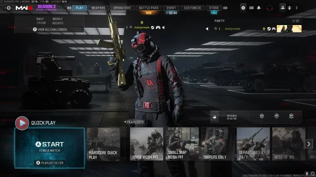 A MW3 character, wearing a black and red LA Thieves outfit, standing in the pre-game lobby. The rank of the player has been reset to level one.