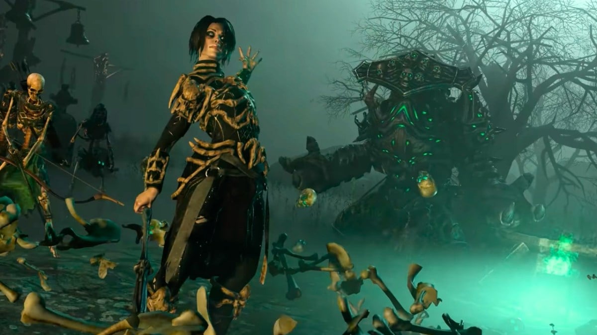 Necromancer surrounded by skeletons in Last Epoch