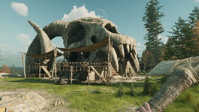 A camp built into a giant ram skull in Nightingale.