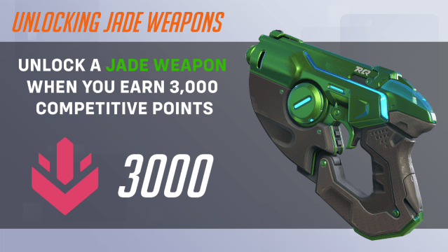 An image showcasing one of Tracer's pistols in the new Jade variant, with a price tag of 3000 competitive credits.