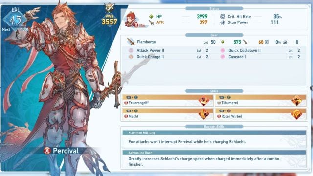 A screenshot of Percival's character sheet in Granblue Fantasy: Relink