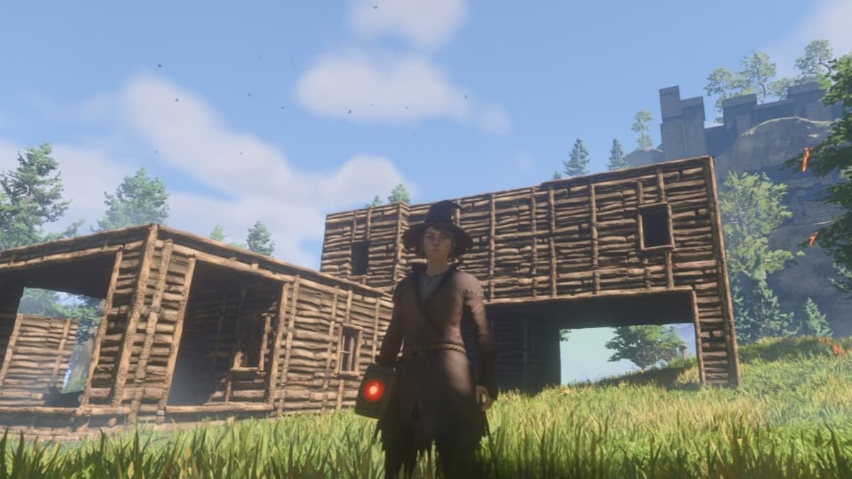 The player from Enshrouded standing in front of a wood house. This screenshot shows readers what wood material looks like