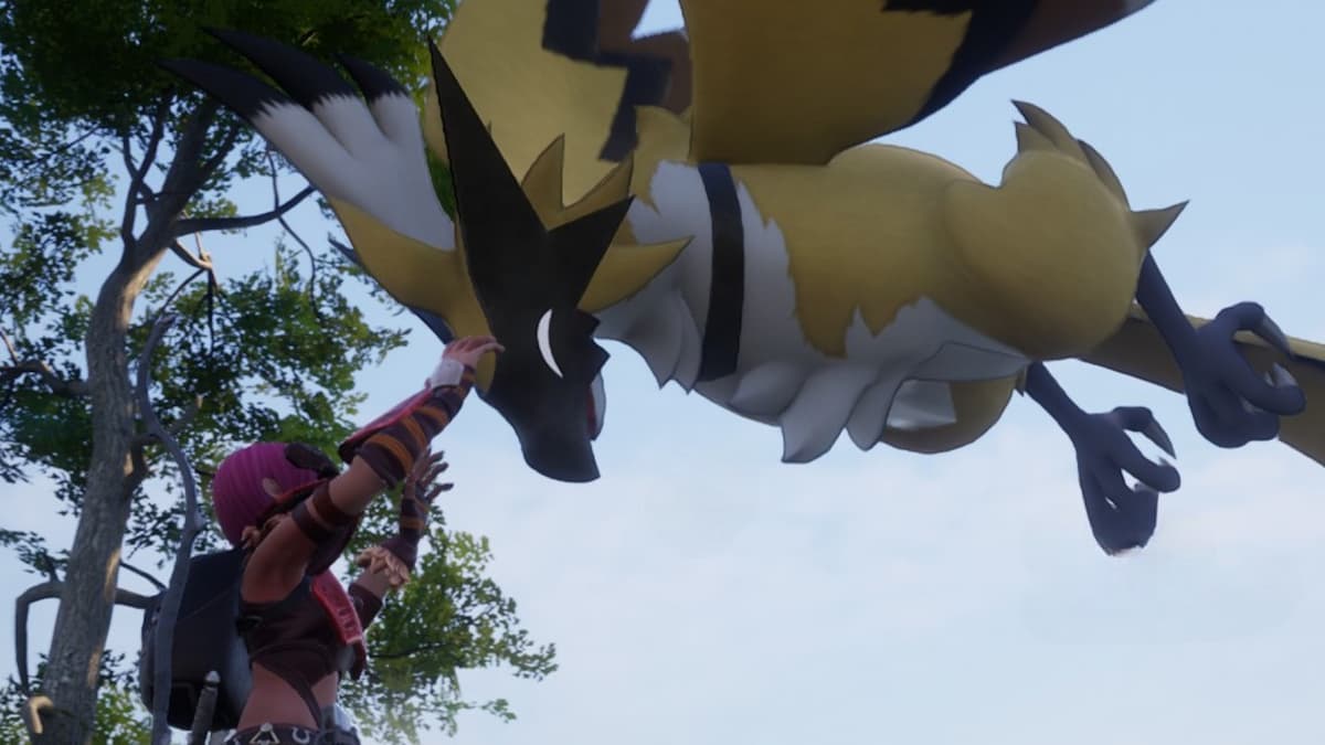 The player petting a flying Beakon in Palworld.