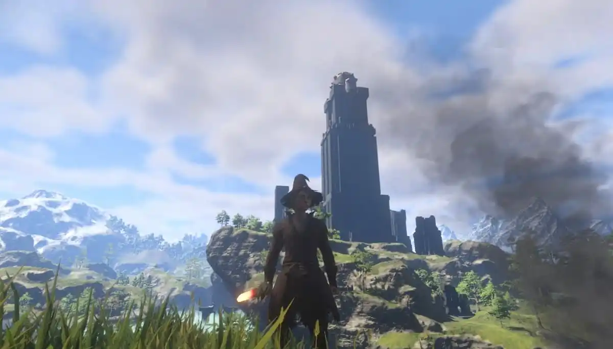 The player standing in front of a massive tower.