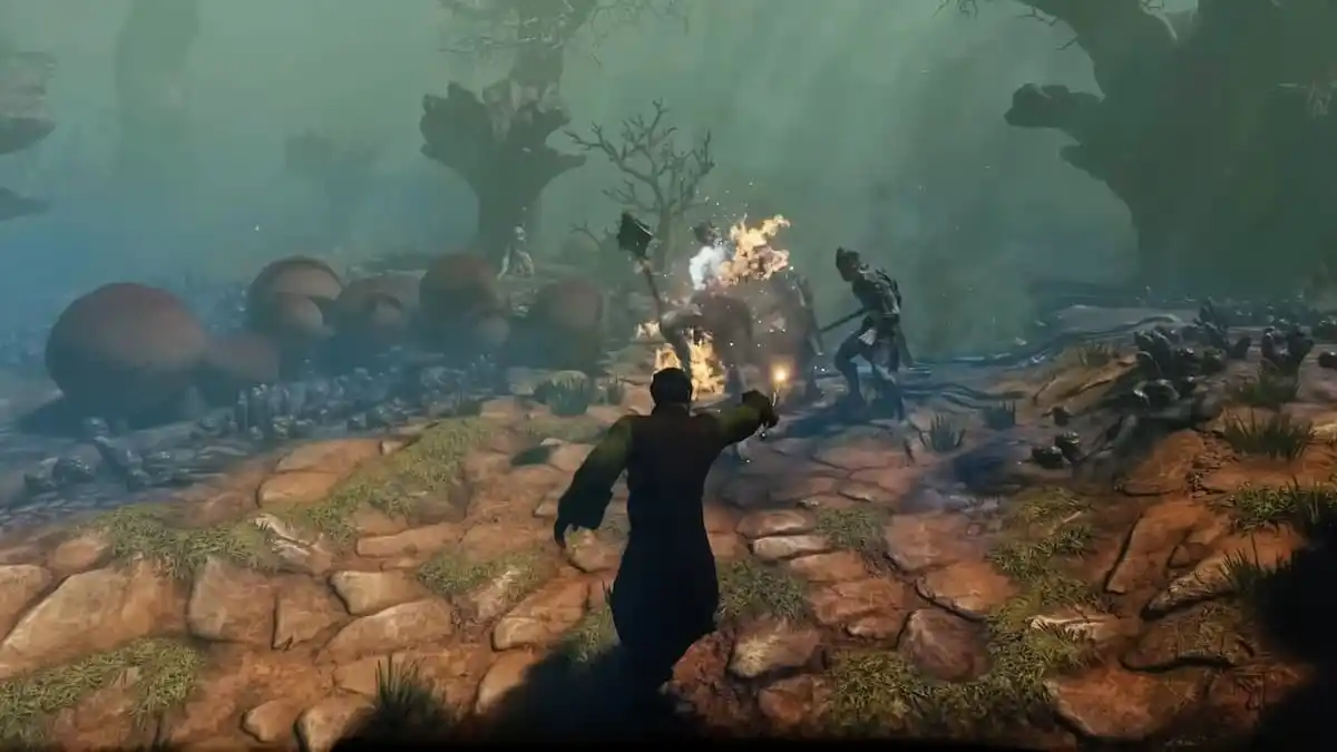 A player shooting an enemy with a fire wand.