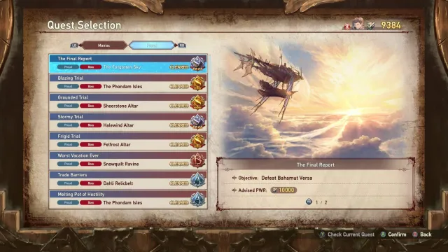 The quest selection screen of Proud mode.