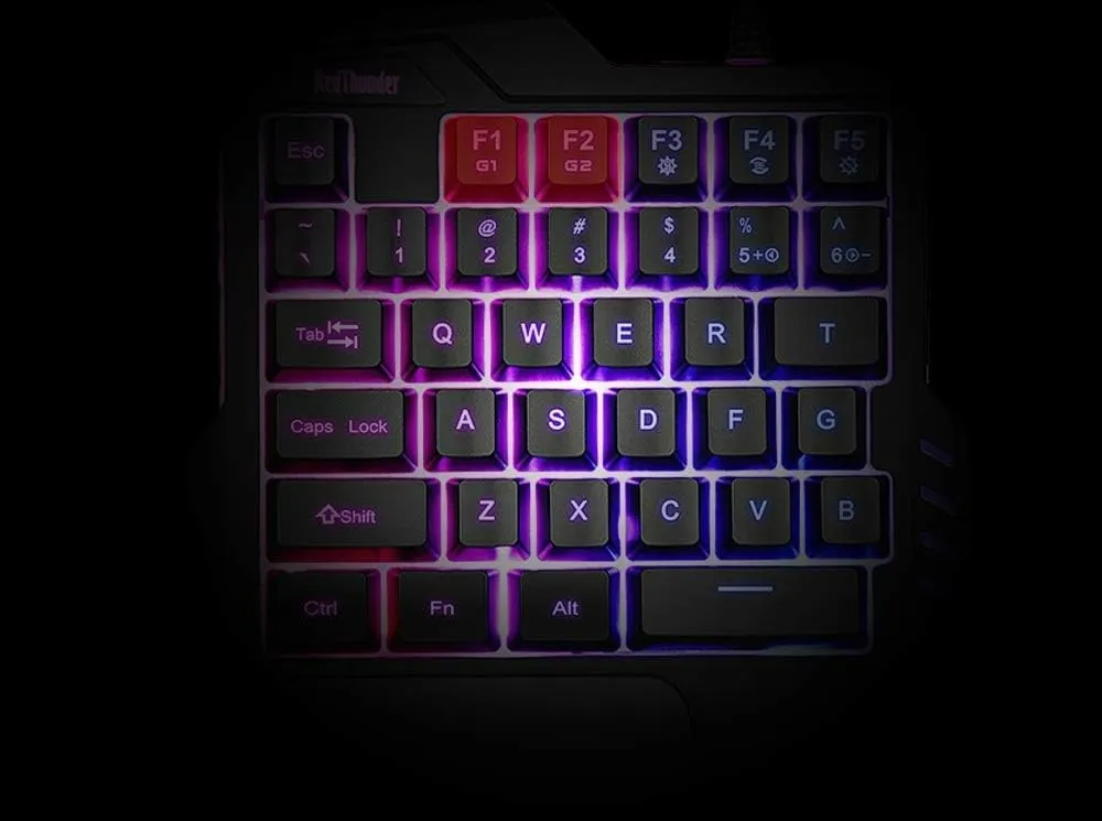 RedThunder G92 one-handed keyboard with RGB darkened around the edges