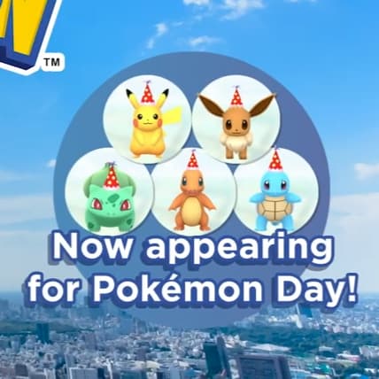 party hat Pikachu, Eevee, Bulbasaur, Charmander, and Squirtle
