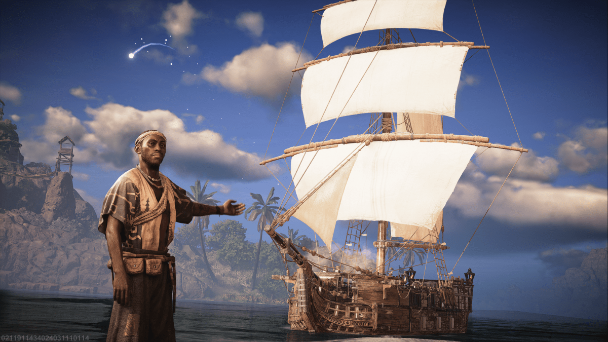 A proud shipwright showing off the finished Blaster Sloop ship behind him.