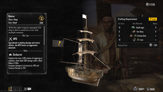 Requirements page listing all materials needed for the Blaster Sloop ship in Skull and Bones.