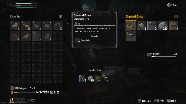 Shipwreck cargo menu after successfully boarding an enemy ship in Skull and Bones.