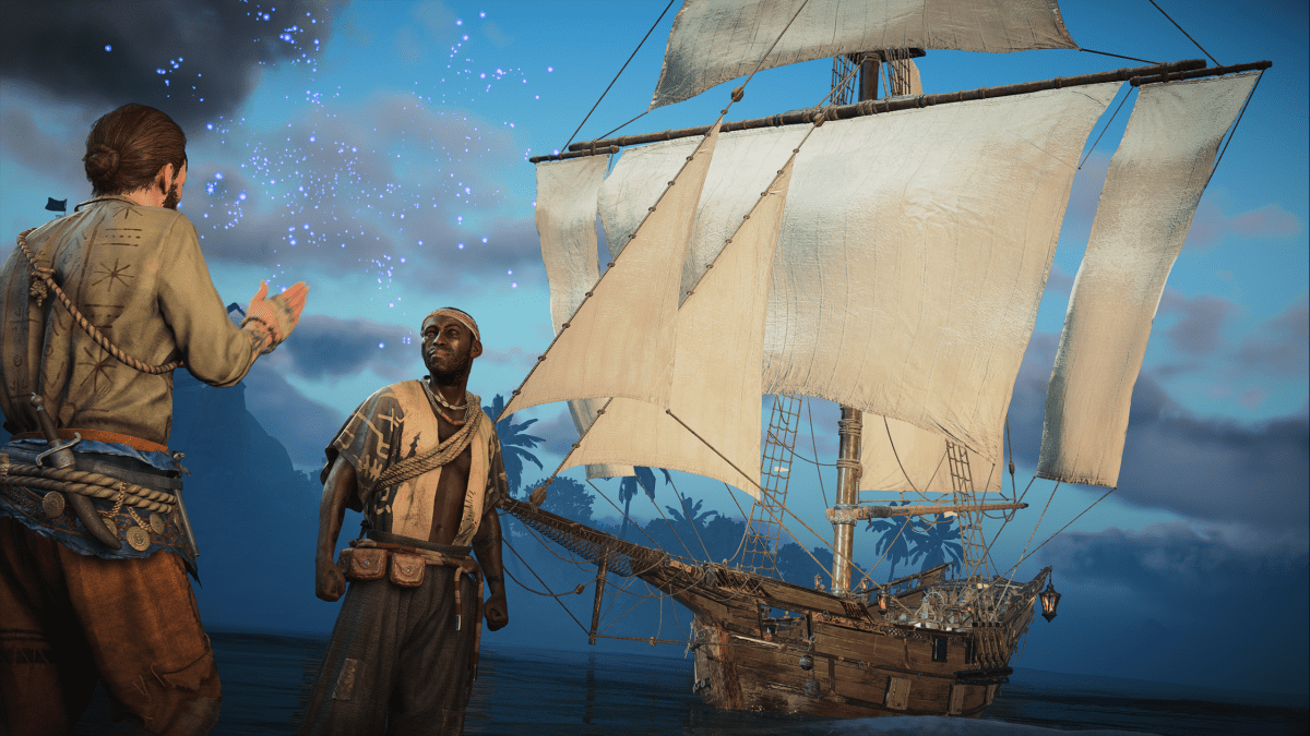 A player applauding the shipwright after building the Cutter behind him in Skull and Bones.