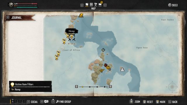 A Skull and Bones screenshot that shows Hemp being tracked on the map.