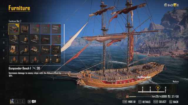 Minor furniture selection in the ship menu in Skull and Bones