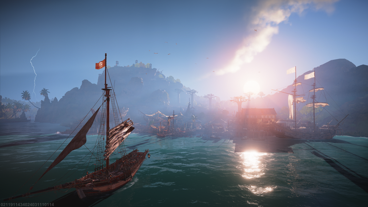 A player's ship next to the Sainte-Anne pirate's den in Skull and Bones.