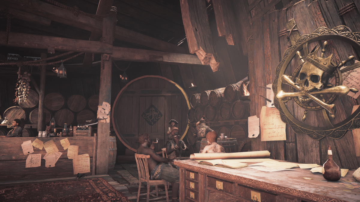 Pirates sitting at a bar near the Helm entrance in Skull and Bones.