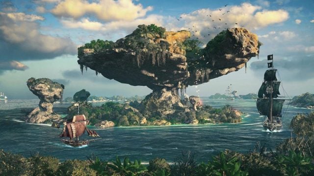 An island in Skull and Bones, with two pirate ships circling in the water.