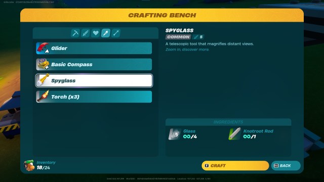Spyglass in LEGO Fortnite's crafting bench.
