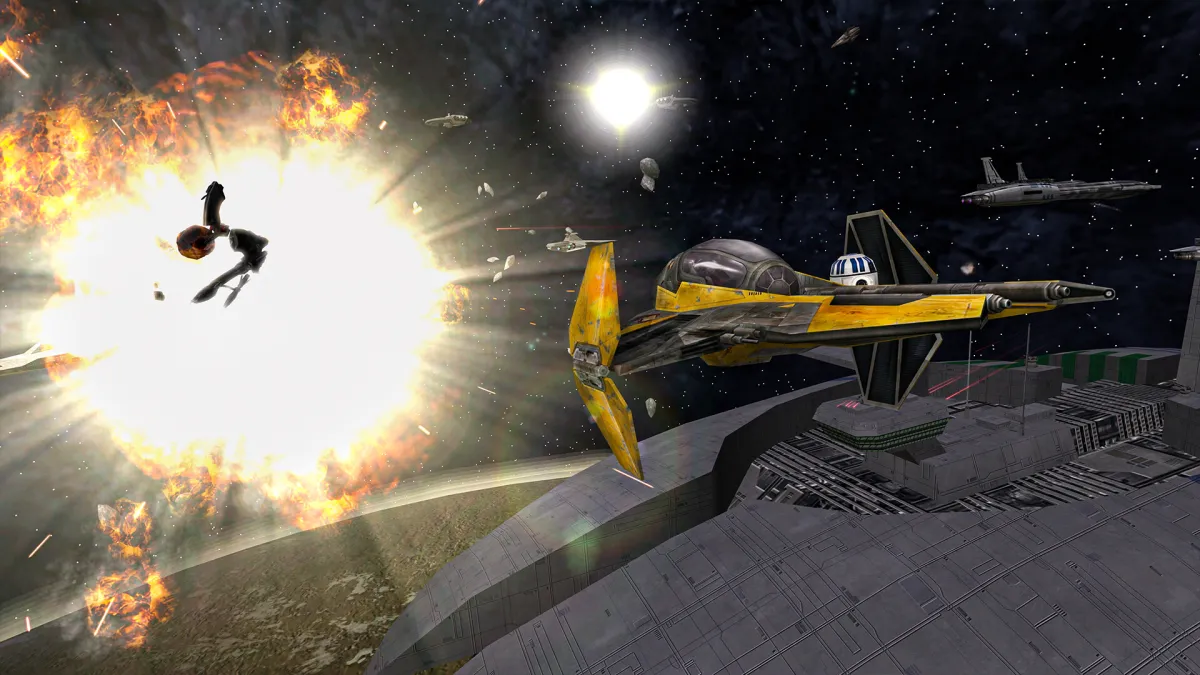 A Jedi Starfighter flying away from an explosion in Star Wars Battlefront Classic.