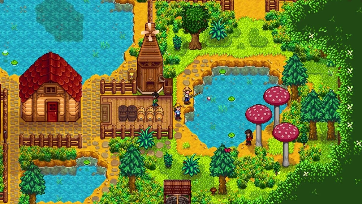 Stardew Valley characters standing by a pond fishing with mushrooms, buildings, and a forest nearby.