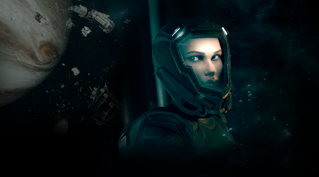 Una mujer con traje espacial y casco se encuentra frente a un gigante de gas.