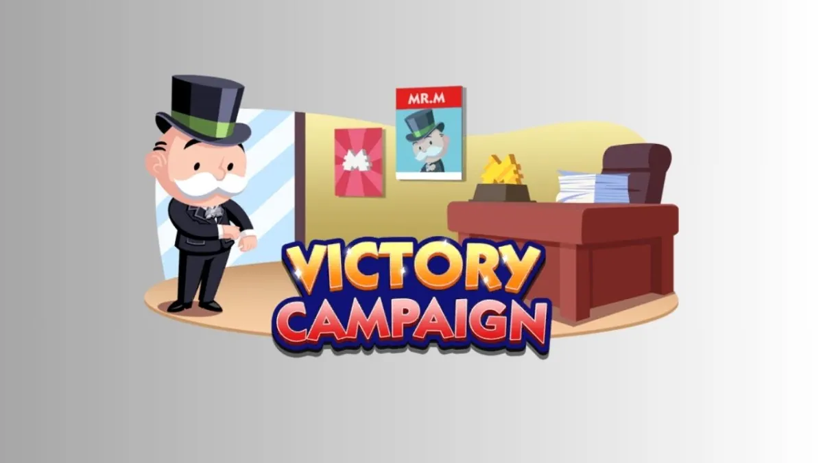 The Victory Campaign logo from Monopoly Go on a gradient background.