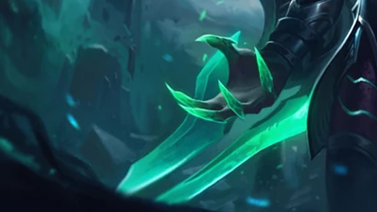 A close up of a green magic hand and blade from Ruined Shyvana from League of Legends