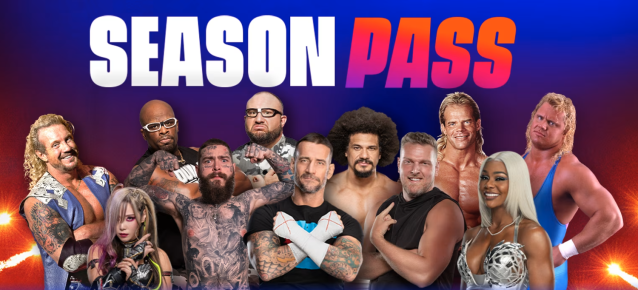 WWE 2K24's Season Pass characters, including images of Diamond Dallas Page, Kairi Sane, D-Von Dudley, Post Malone, Bubba Ray Dudley, CM Punk, Carlito, Pat McAfee, Lex Luger, Jade Cargill, and Mr. Perfect.