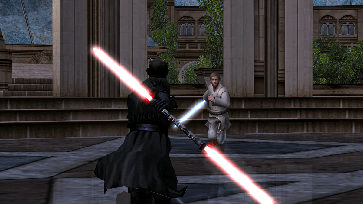 Darth Maul and Obi-wan charge at each other in Star Wars Classic Battlefront.