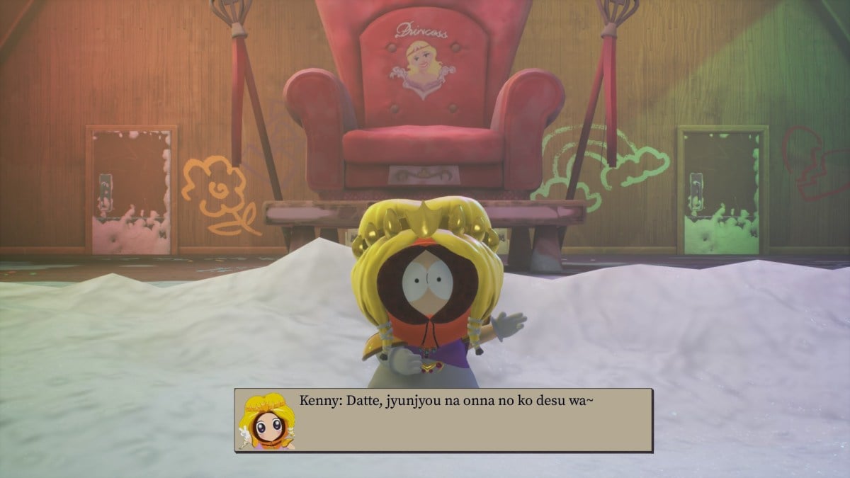 An in game image of Princess Kenny from South Park: Snow Day