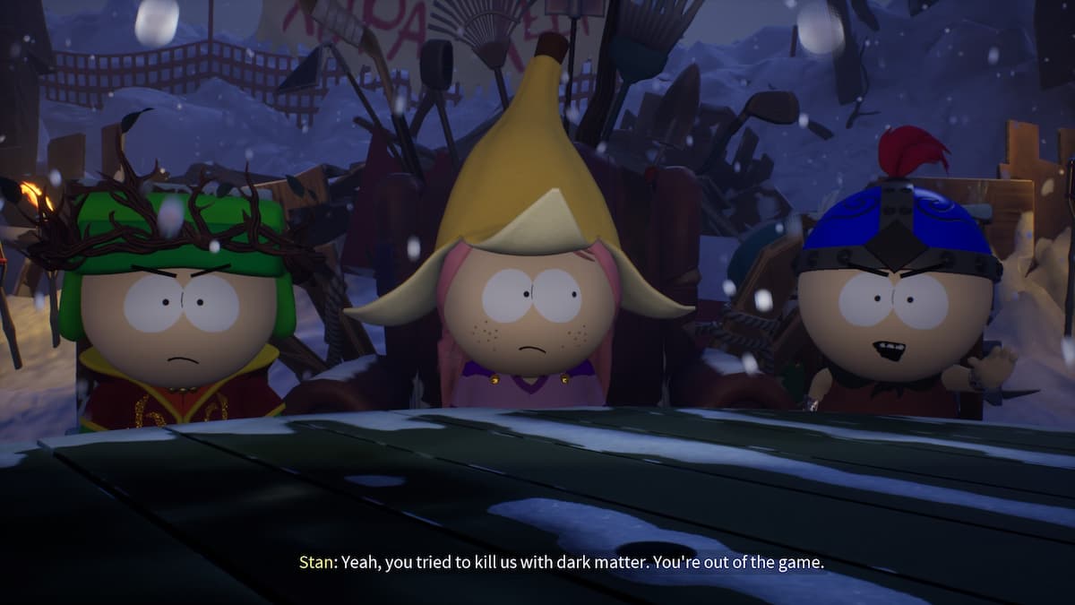 An in game screenshot of Stan, Kyle and the player character from South Park Snow Day