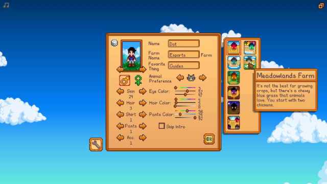 Character creator screen with the new Meadowlands Farm selected